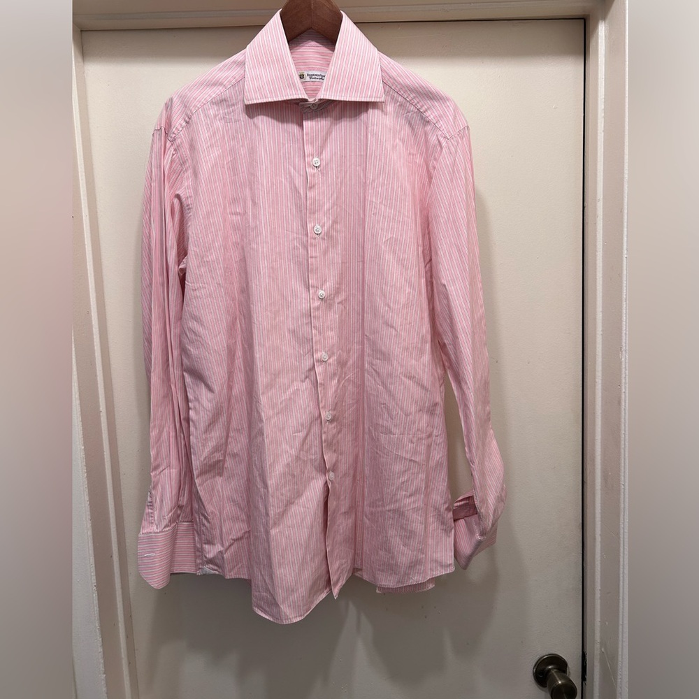 Domenico Vacca Dress Shirt Spread Collar Handmade Italy Pink Stripe Mens 16/41